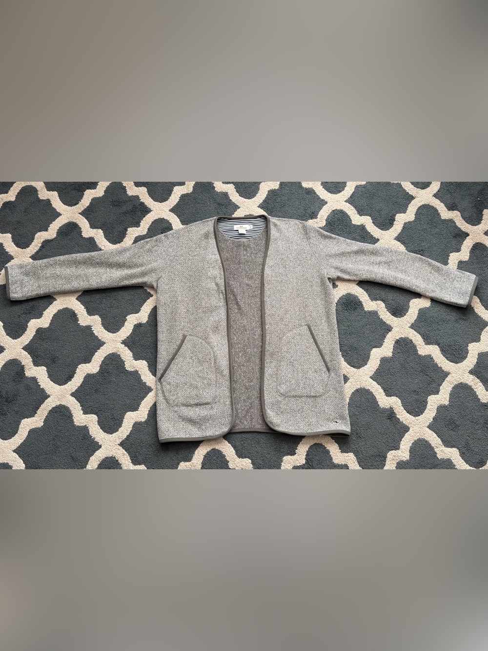 Vineyard Vines Gray Fleece Pullover with Navy Stripe Lining